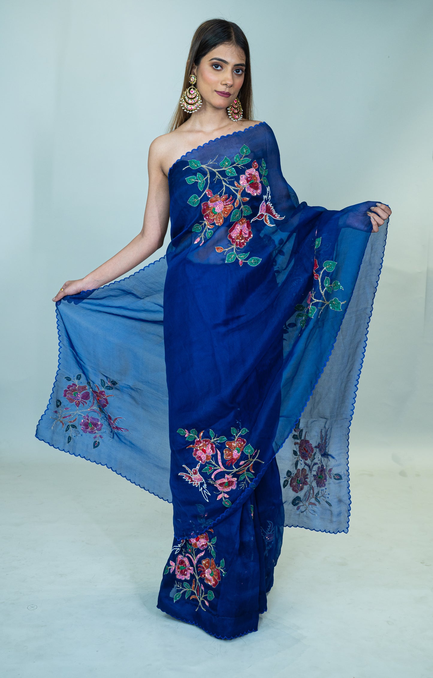 Hand Embroidered Pure Silk Organza Saree in Royal Blue