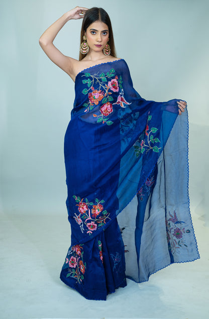 Hand Embroidered Pure Silk Organza Saree in Royal Blue