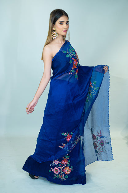 Hand Embroidered Pure Silk Organza Saree in Royal Blue