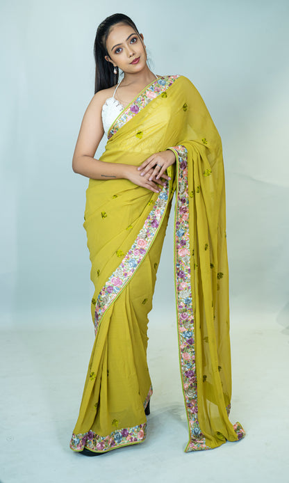 Hand Embroidered Parsi Gara Saree in Pure Silk Georgette