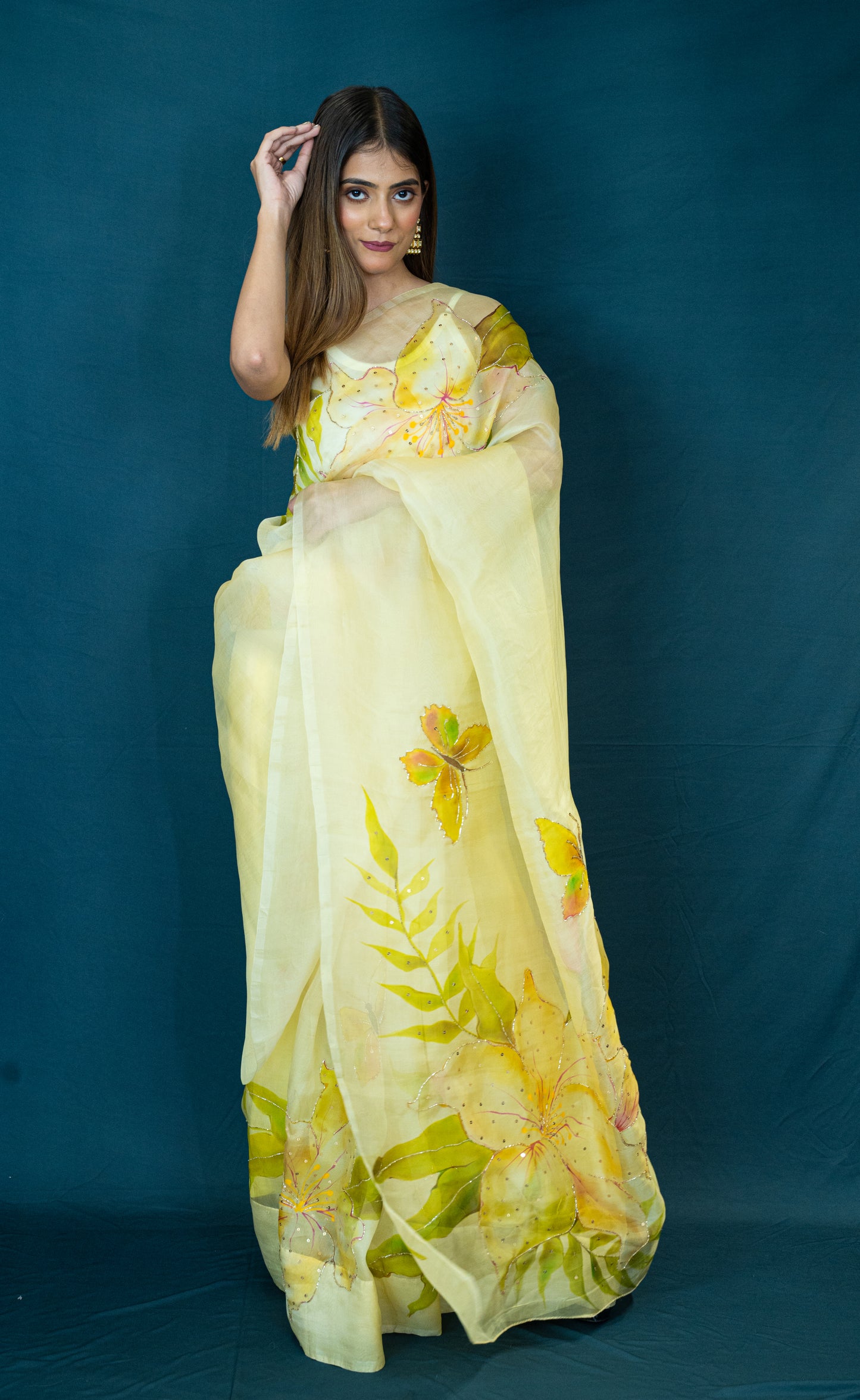 Hand-Painted and Hand-Embroidered Pure Silk Organza Saree