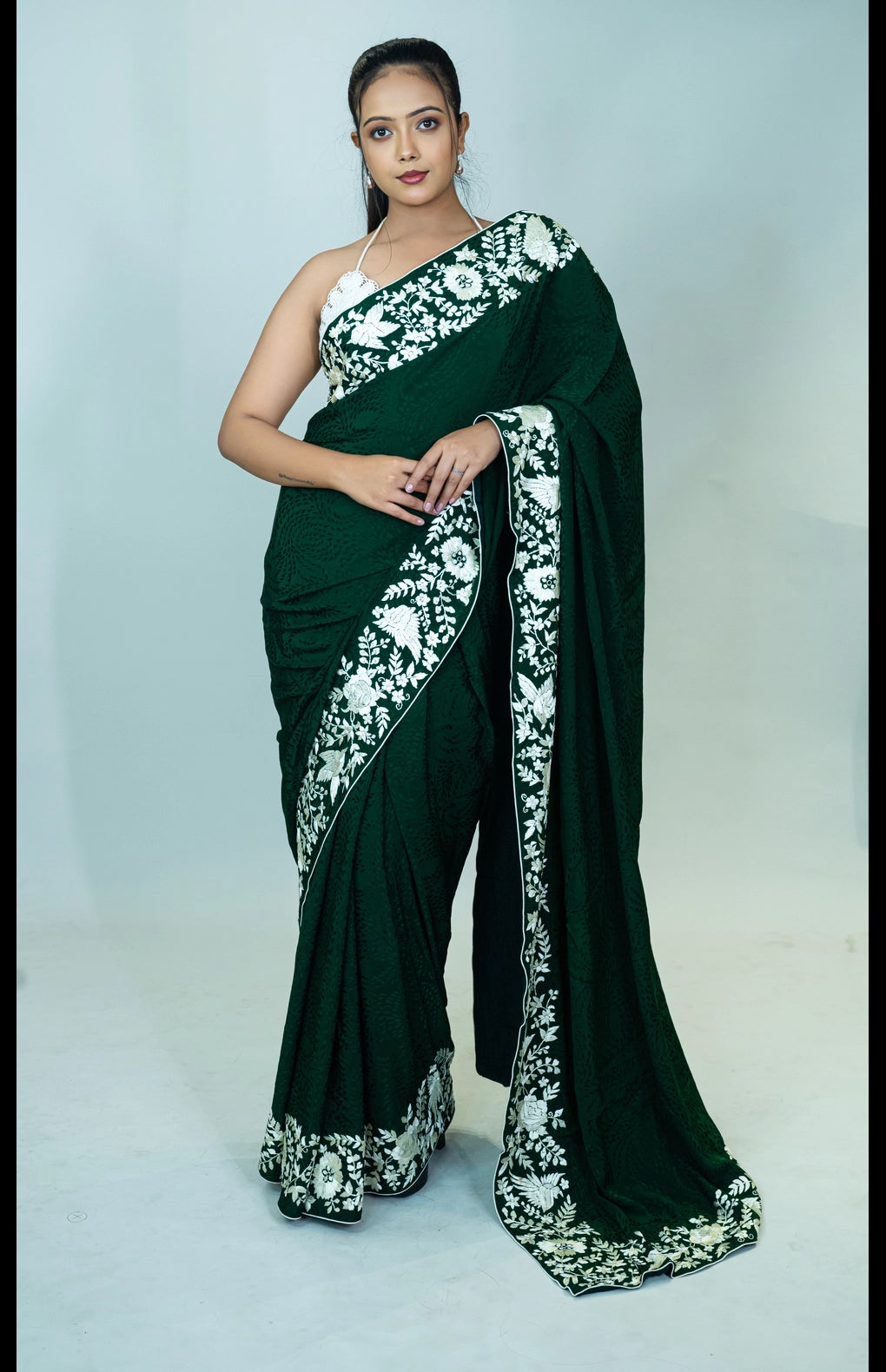 Hand-Embroidered Parsi Gara Pure Silk Crepe Jacquard Saree