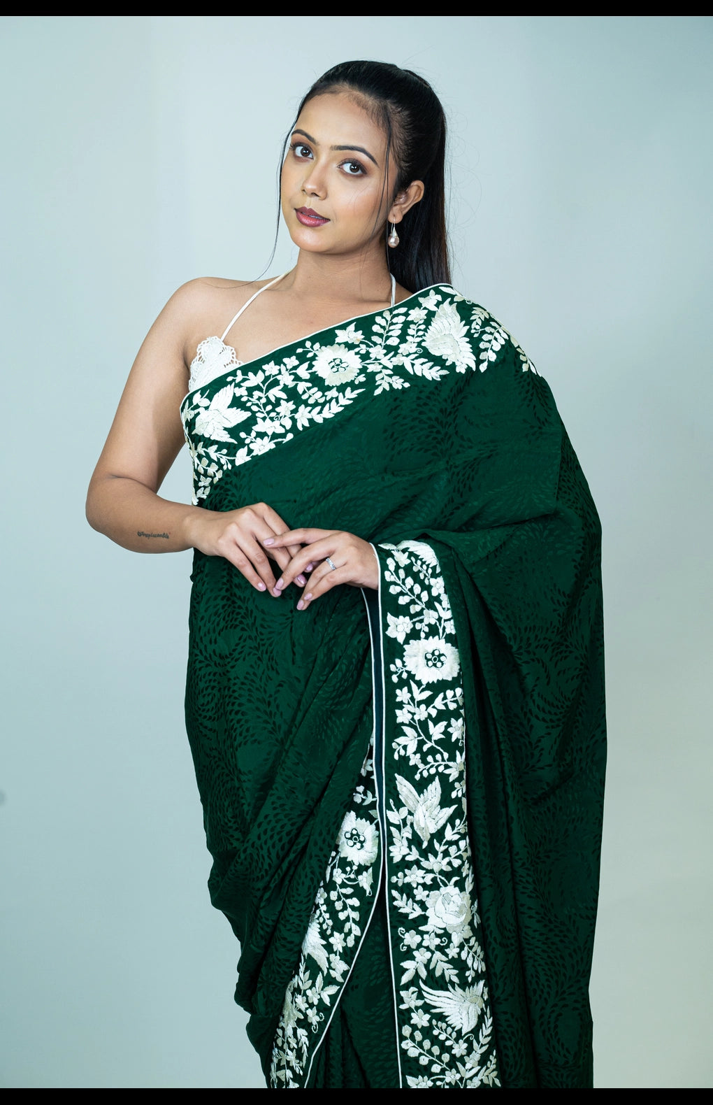 Hand-Embroidered Parsi Gara Pure Silk Crepe Jacquard Saree