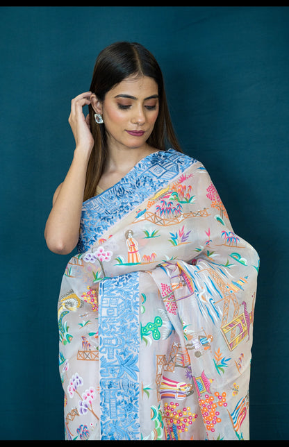 Hand Embroidered Parsi Gara with Hand Painting in Pure Silk Organza