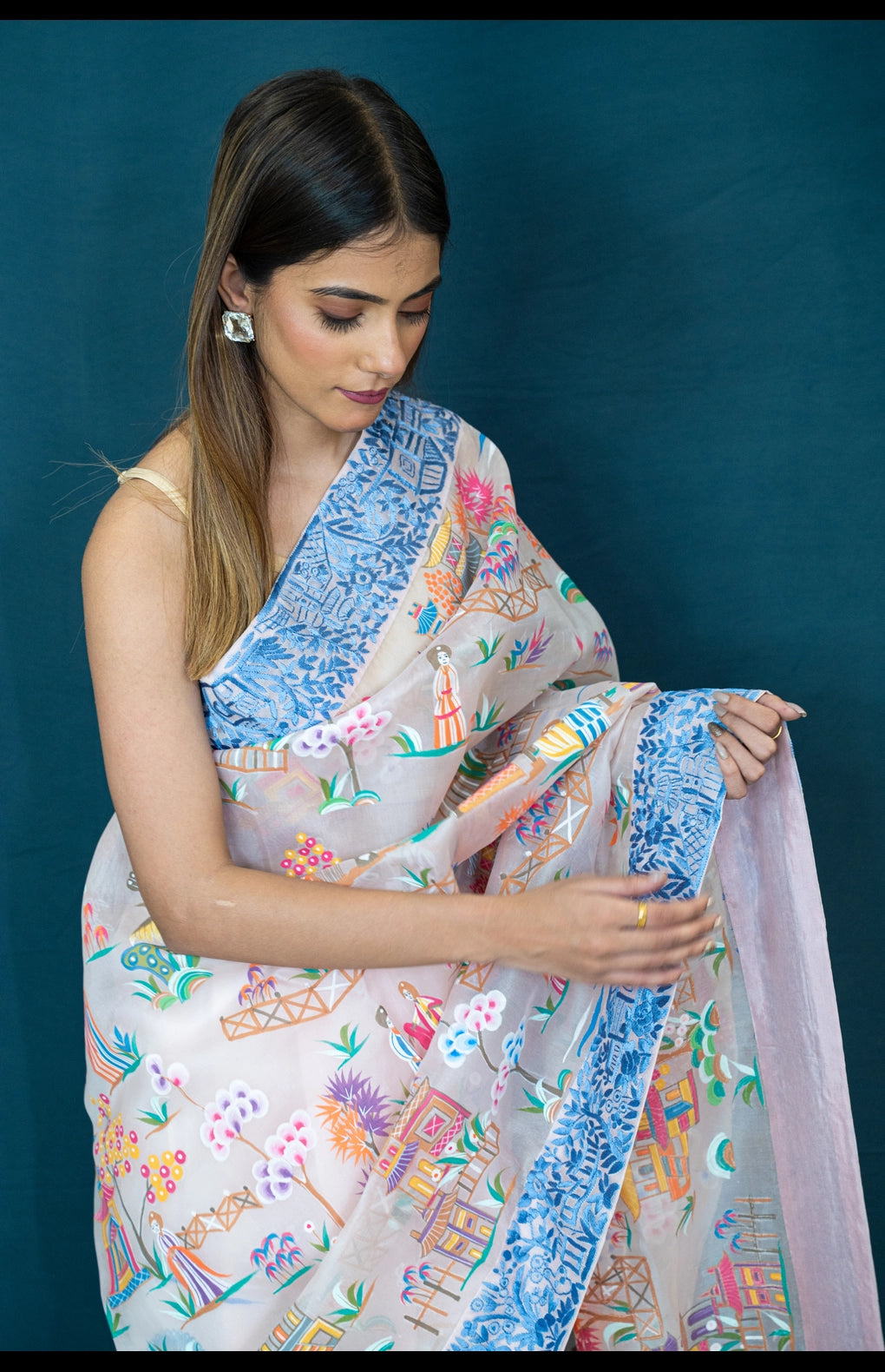 Hand Embroidered Parsi Gara with Hand Painting in Pure Silk Organza