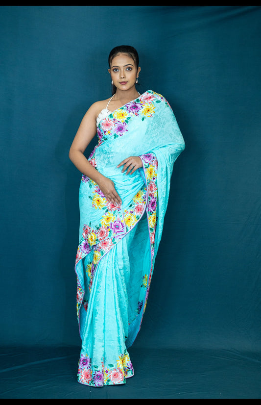 Hand Embroidered Parsi Gara Saree in Pure Silk Crepe Jacquard