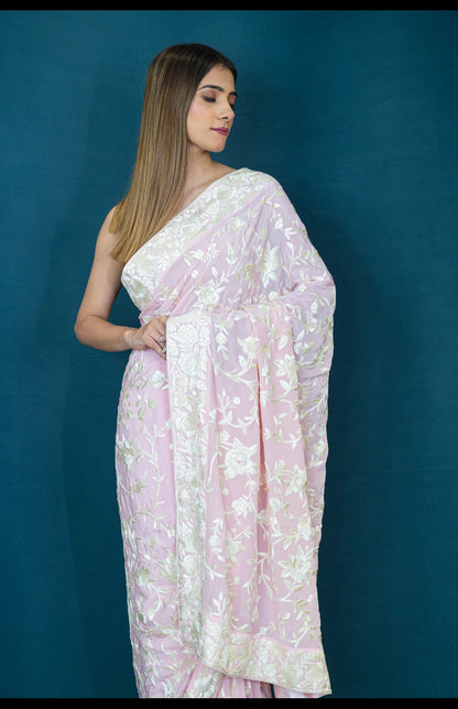 Hand Embroidered Parsi Gara Saree in Pure Silk Crepe