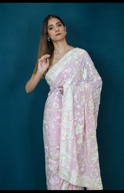 Hand Embroidered Parsi Gara Saree in Pure Silk Crepe