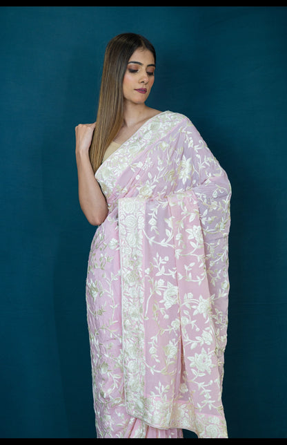 Hand Embroidered Parsi Gara Saree in Pure Silk Crepe