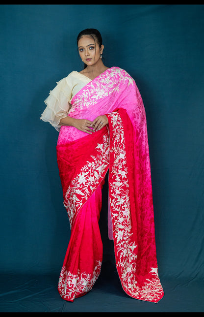 Hand Embroidered Parsi Gara Saree in Pure Silk Crepe Jacquard