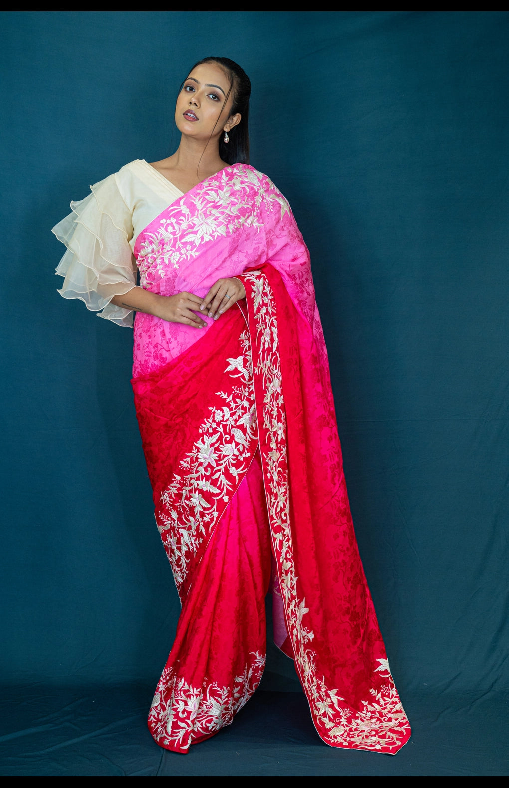 Hand Embroidered Parsi Gara Saree in Pure Silk Crepe Jacquard