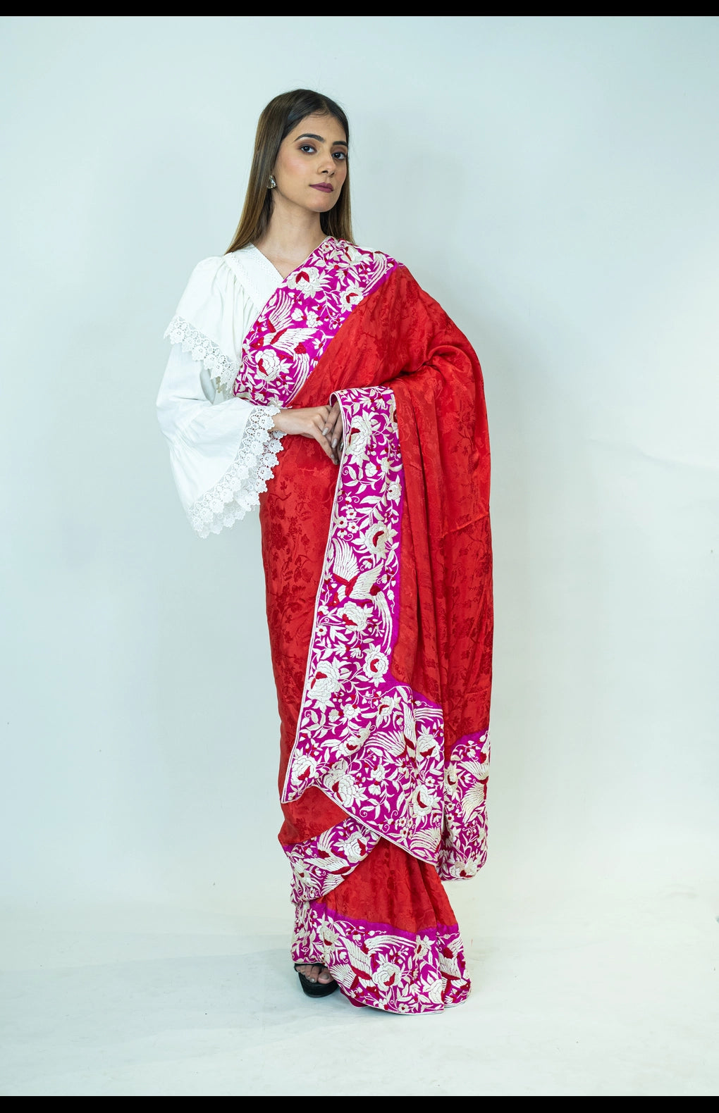 Hand Embroidered Parsi Gara Saree in Pure Silk Crepe Jacquard