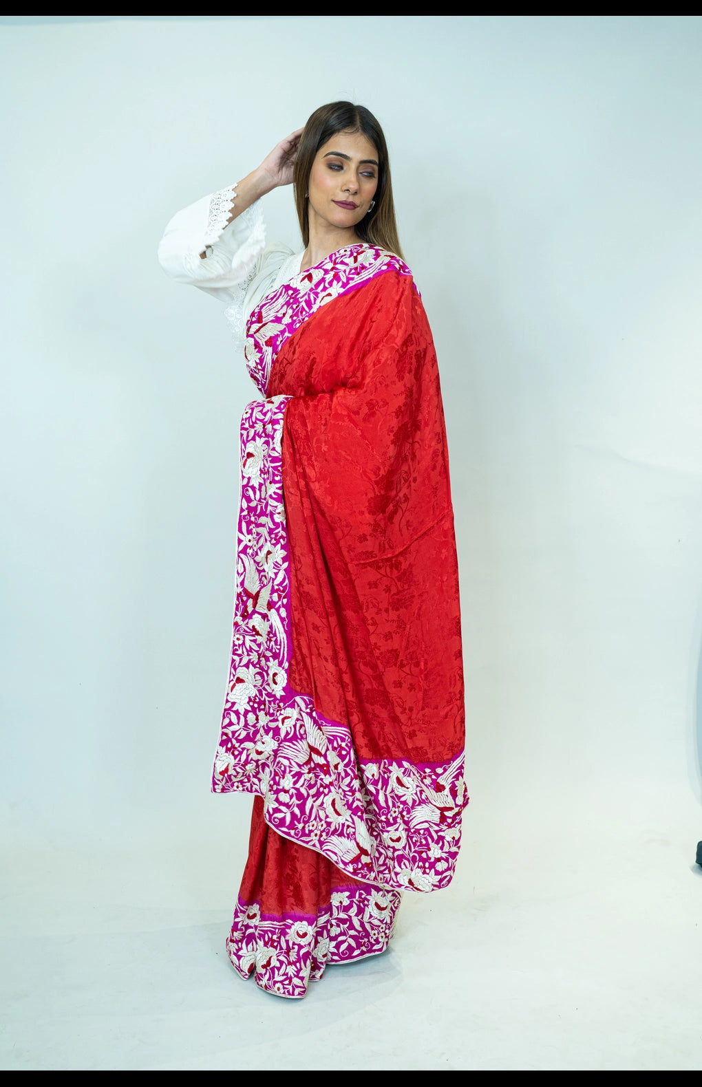 Hand Embroidered Parsi Gara Saree in Pure Silk Crepe Jacquard