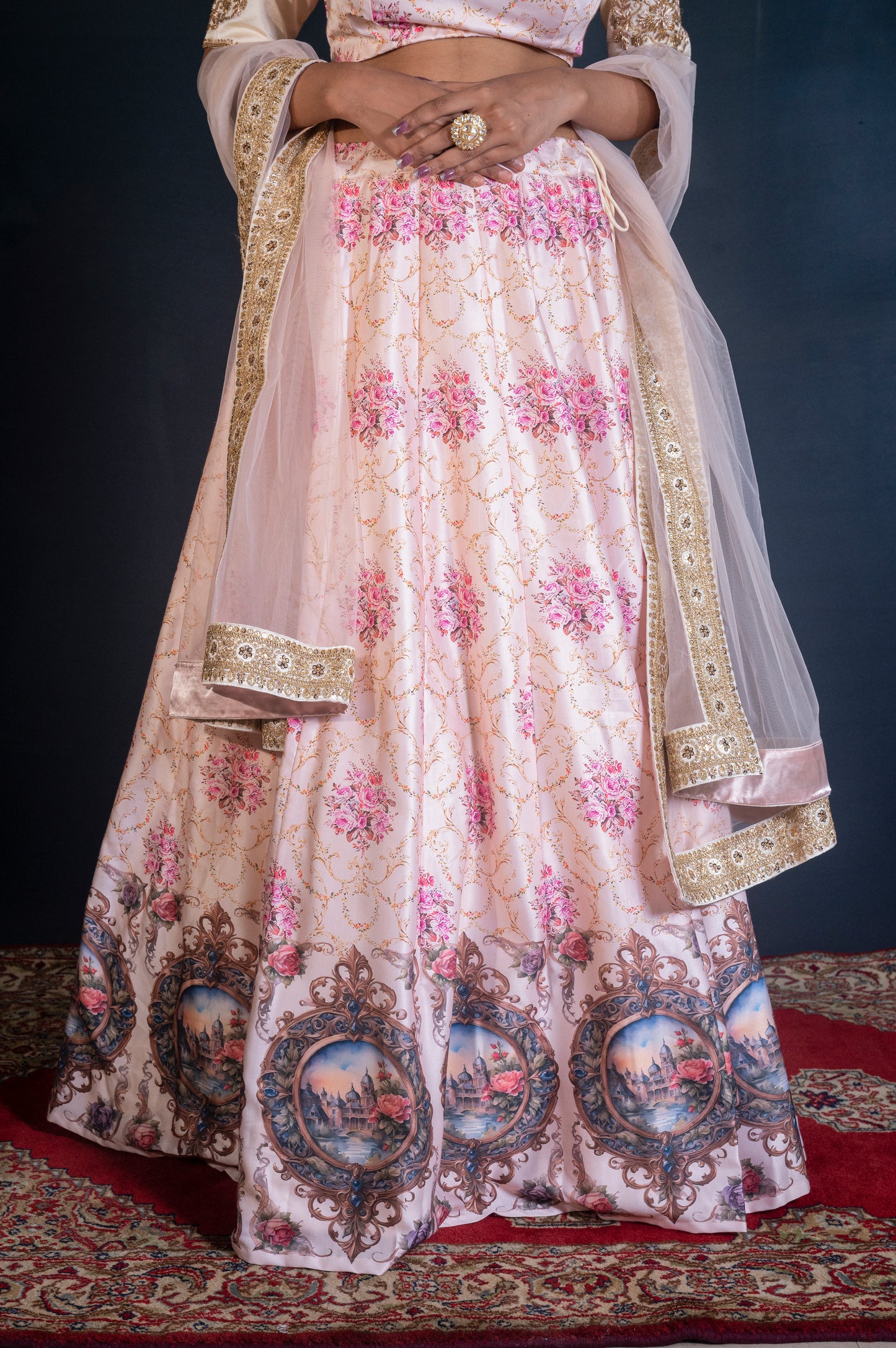 In-house designed and printed Lehenga with hand embroidered blouse and net dupatta