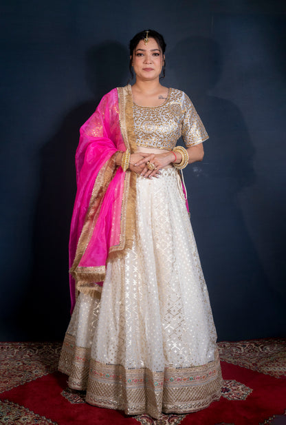 Banarasi Chanderi Lehenga with hand embroidered Gotapatti blouse and Fuchsia organza dupatta