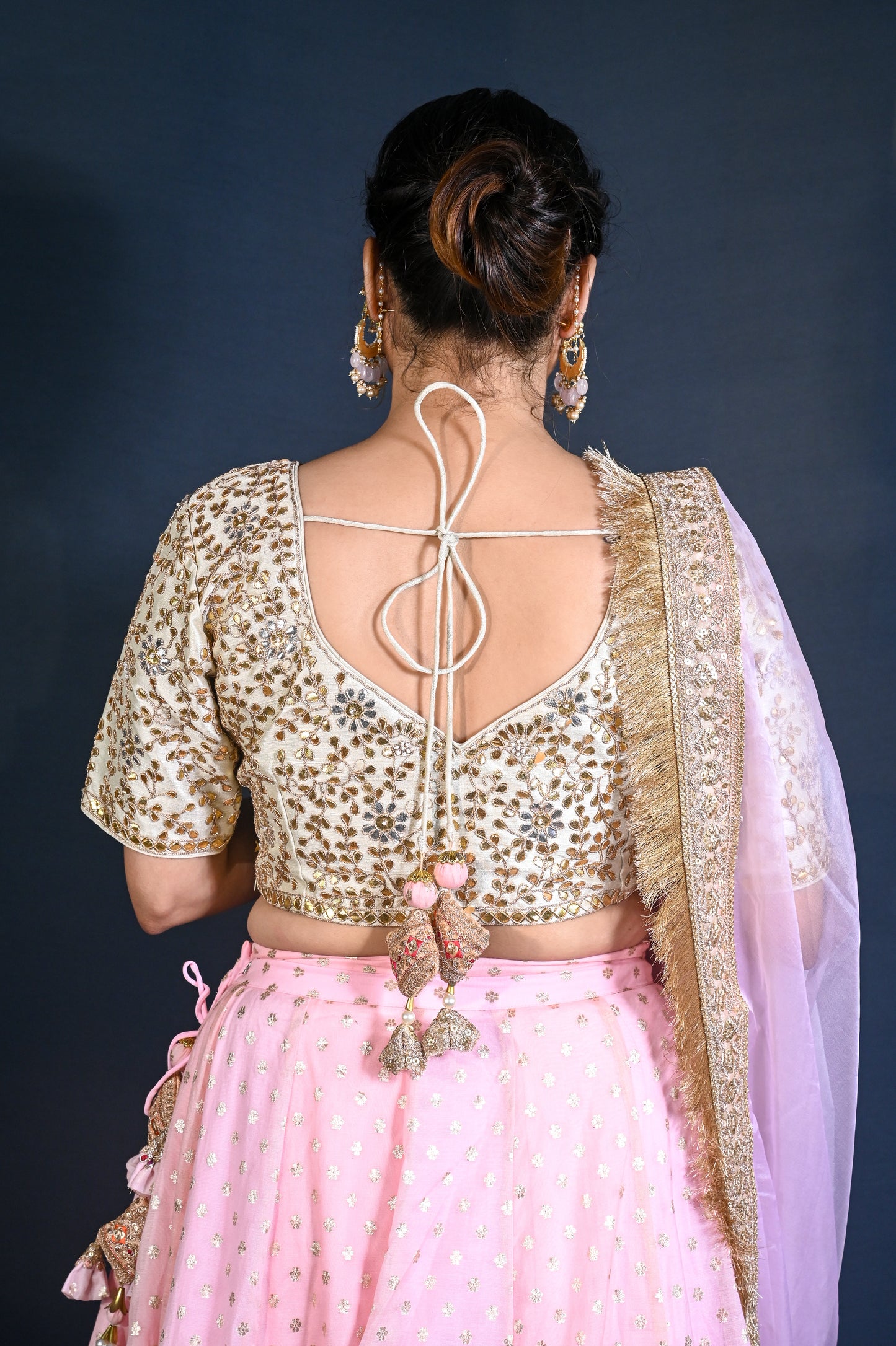 Banarasi Chanderi Lehenga with hand embroidered Gotapatti blouse and ombre dyed net dupatta