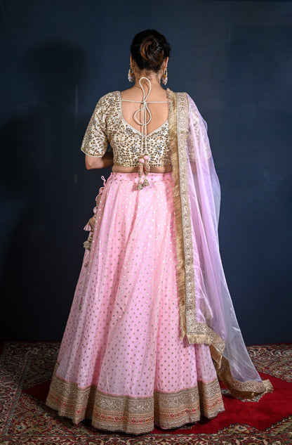 Banarasi Chanderi Lehenga with hand embroidered Gotapatti blouse and ombre dyed net dupatta