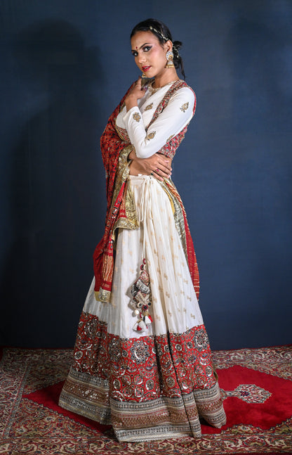 Handwoven and hand embroidered Chanderi and Ajrak Lehenga set