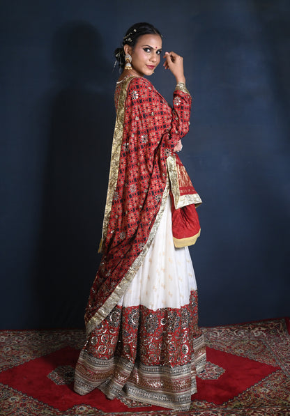 Handwoven and hand embroidered Chanderi and Ajrak Lehenga set