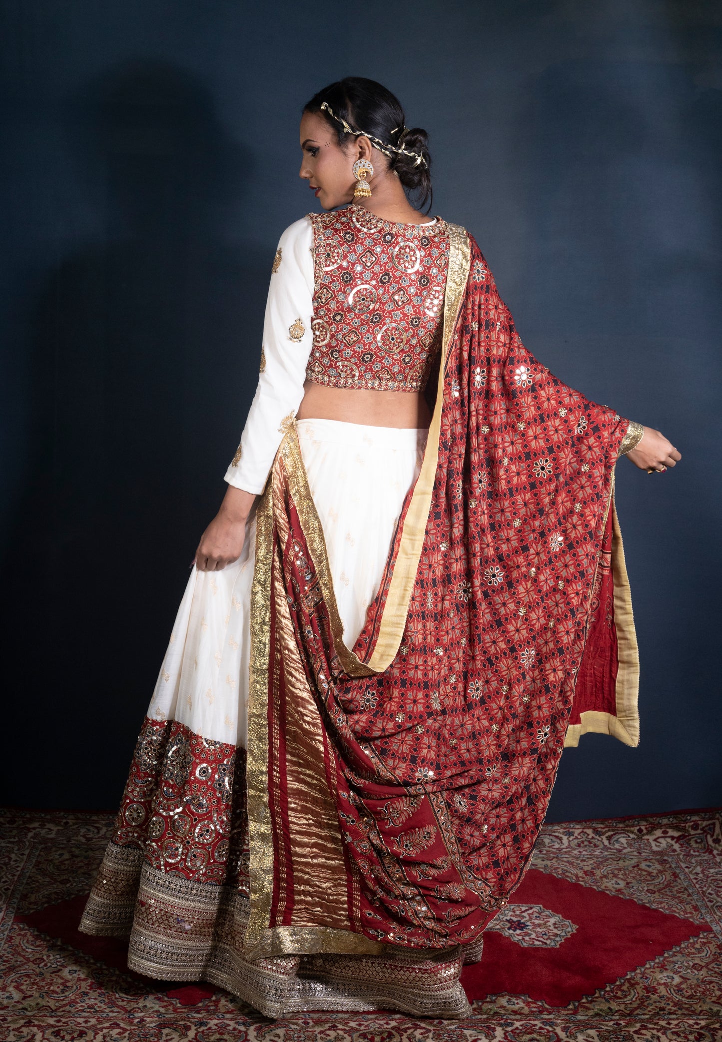 Handwoven and hand embroidered Chanderi and Ajrak Lehenga set