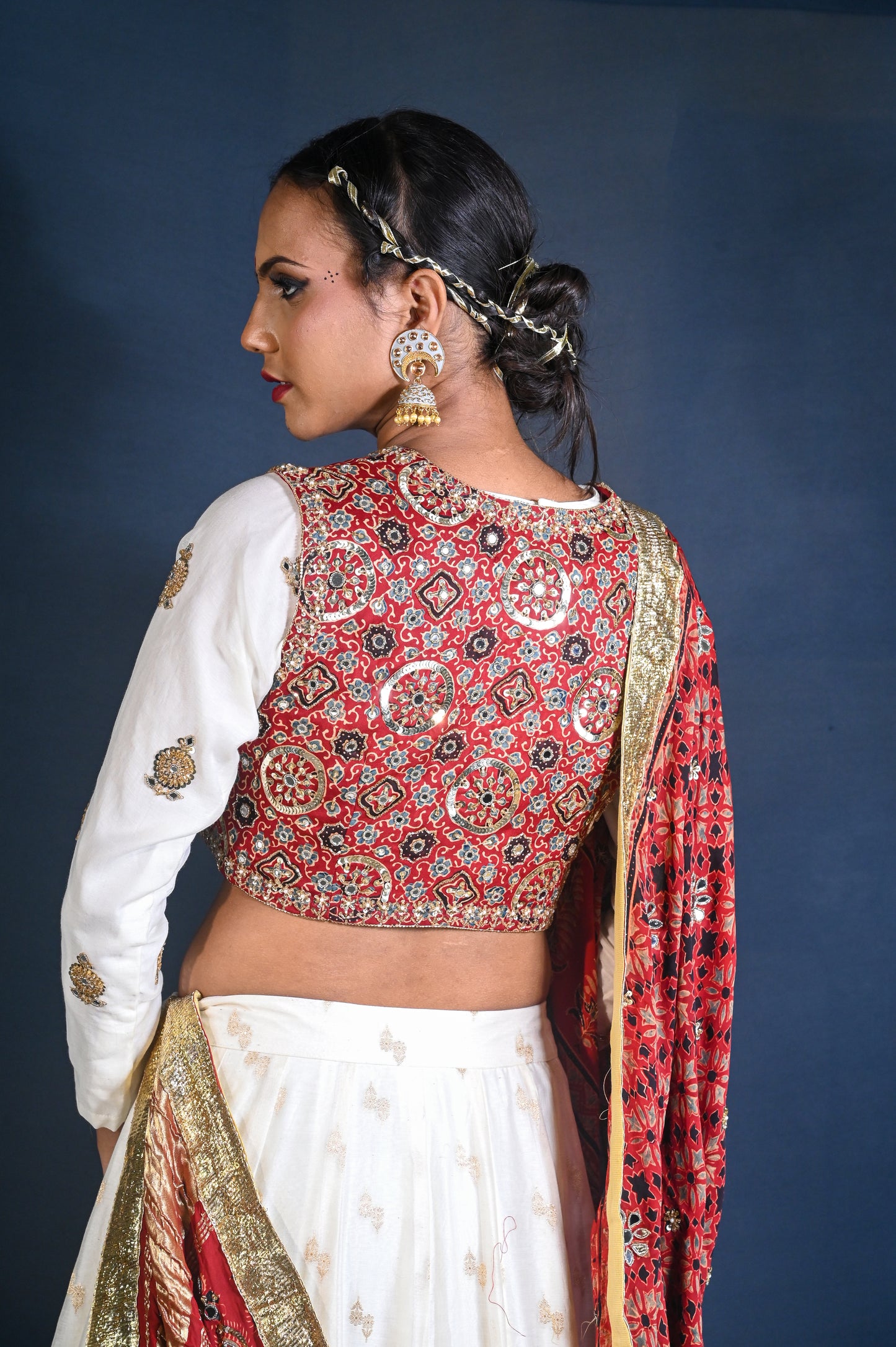 Handwoven and hand embroidered Chanderi and Ajrak Lehenga set